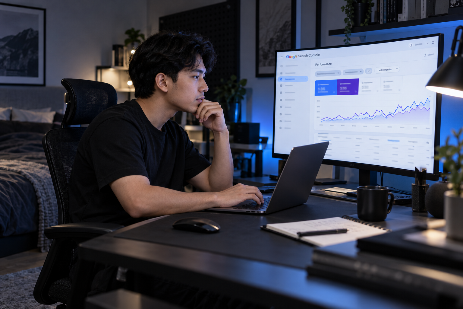 Peserta laki-laki mempelajari Google Search Console di studio kamar