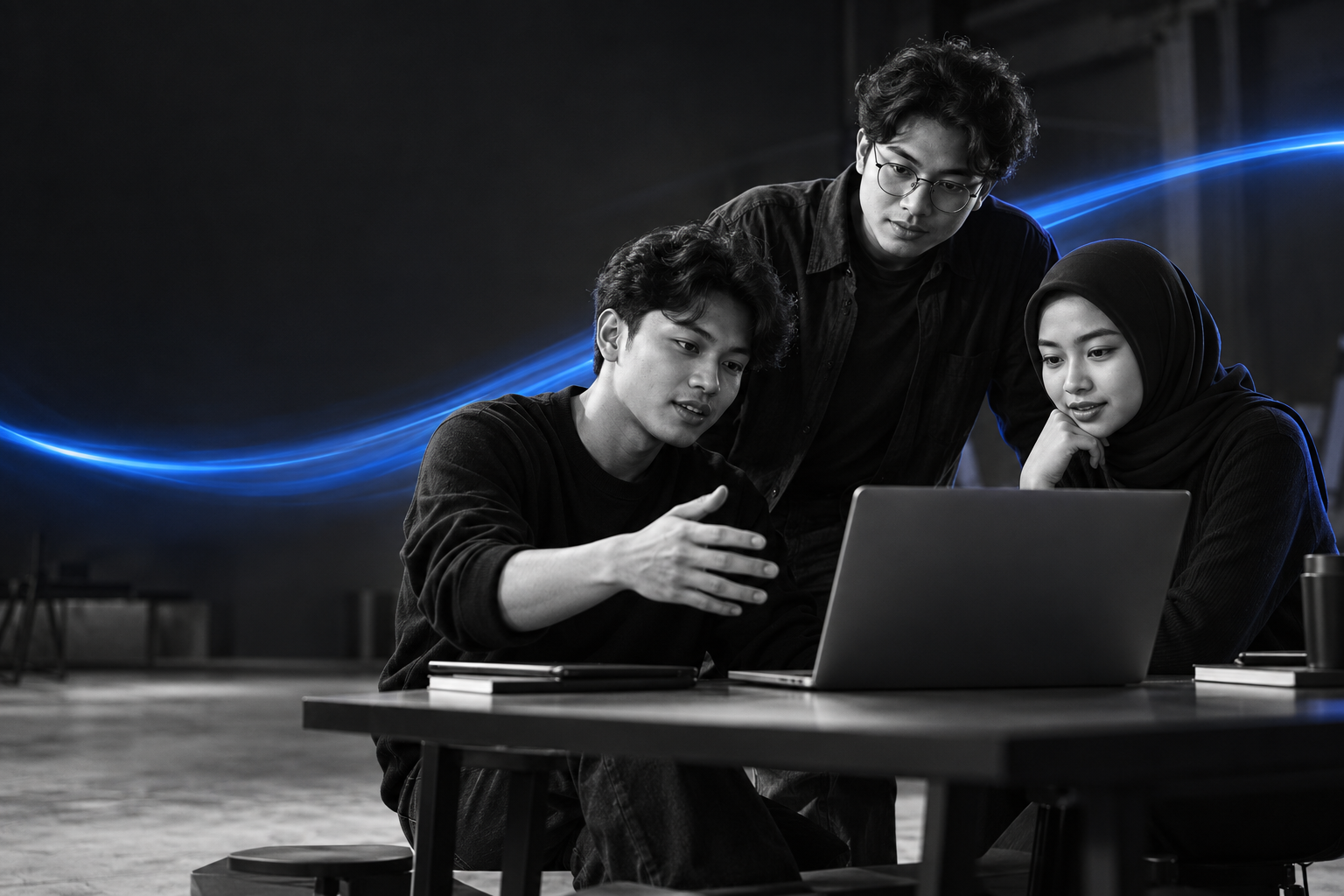 Peserta SEO Starter Academy berdiskusi di depan laptop